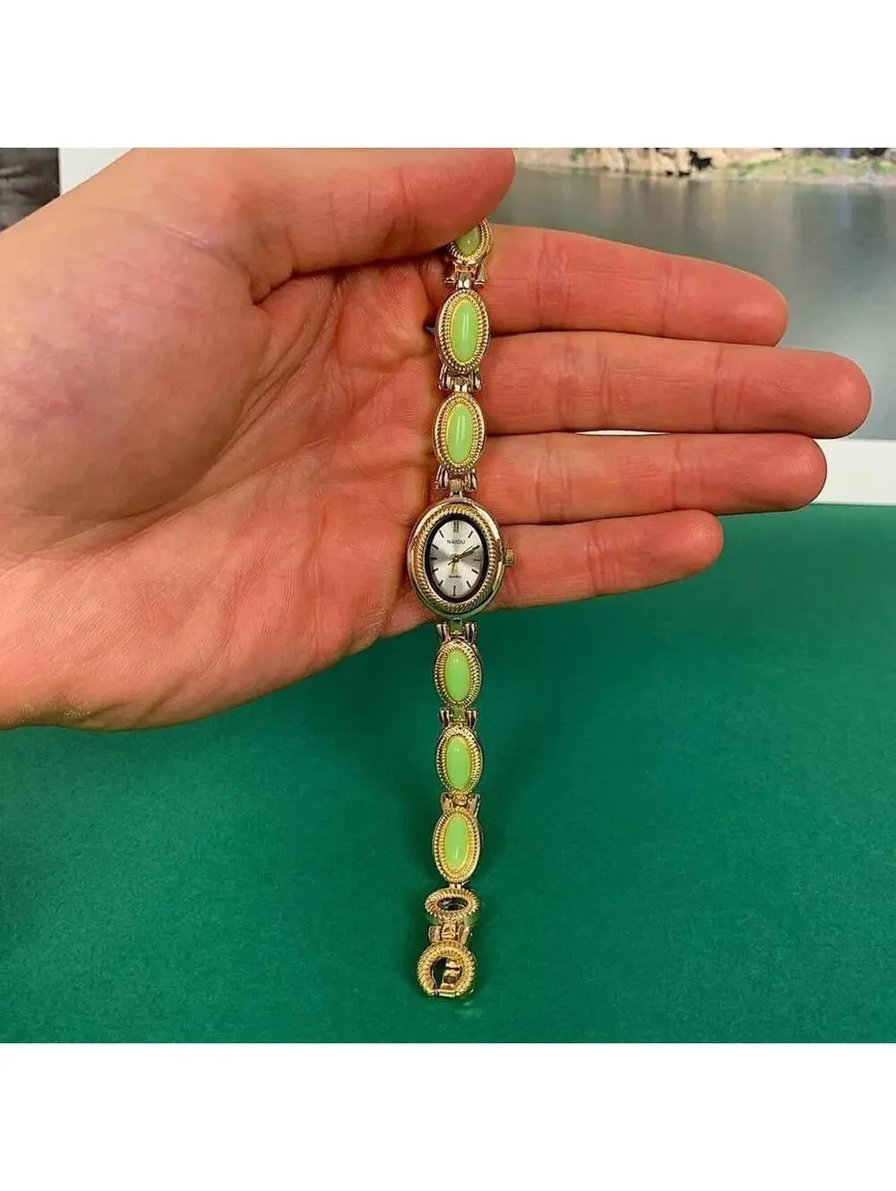 Y2k style Dainty cute Gold style tone quartz watch with lime green jade stone op